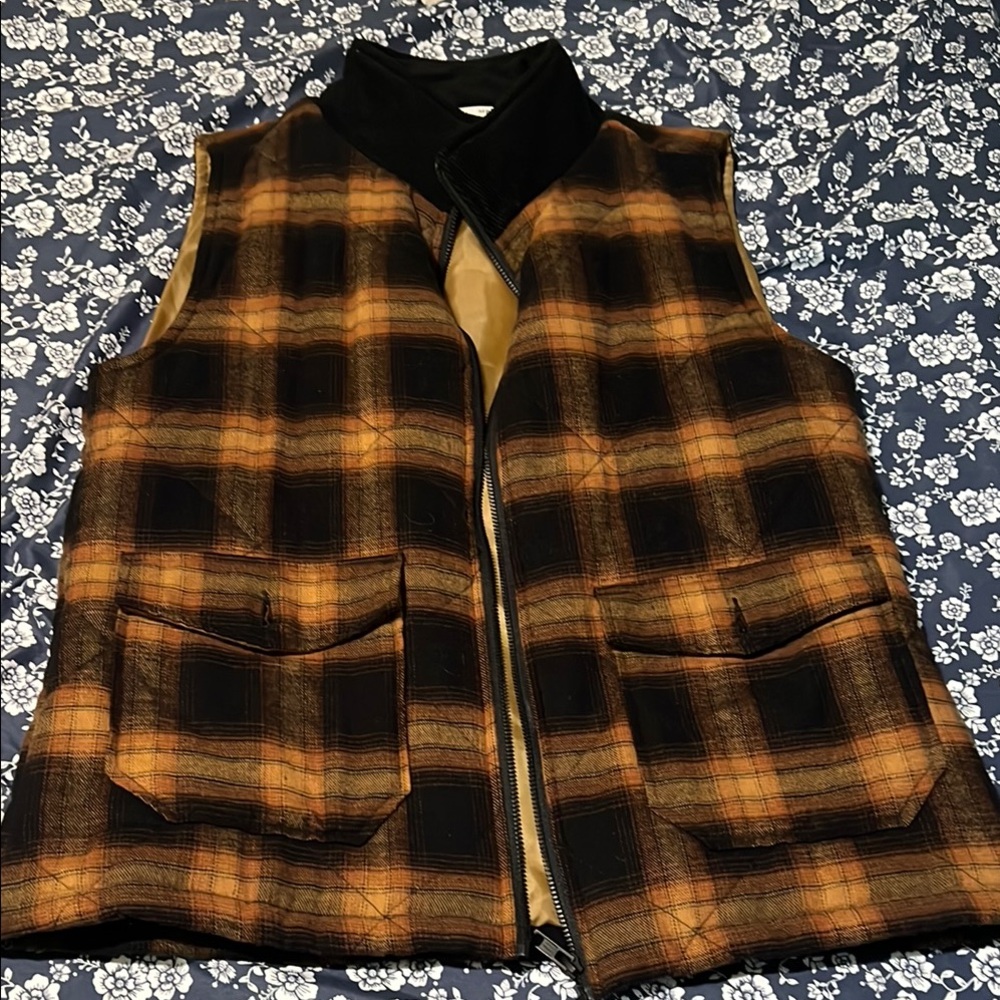 BKE Black and Orange Plaid Vest Cozy Fall Layer